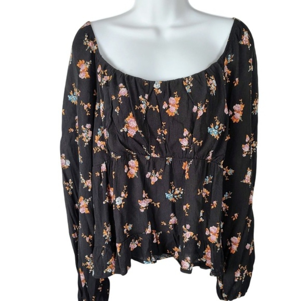 Love Fire Black Floral Peplum Blouse Square Neck XL NEW dark romantic indie